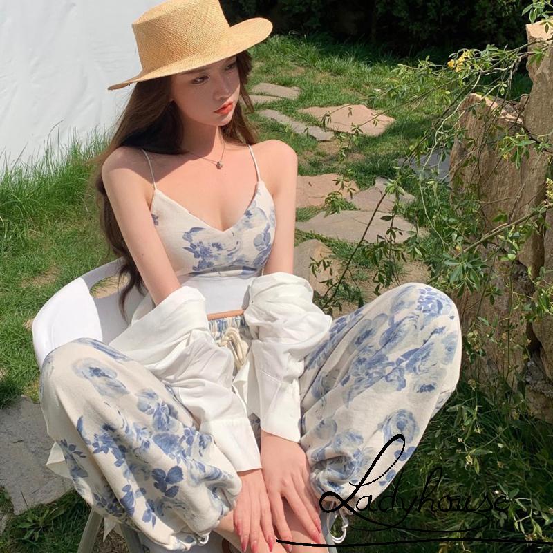 Bộ Trang Phục 2 Mảnh Gồm Áo Hai Dây Cổ Chữ V In Họa Tiết Hoa Và Quần Dài Lưng Thun Dành Cho Nữ