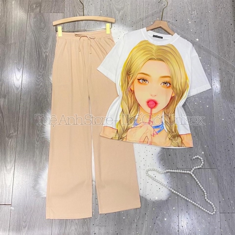 [20 MẪU MỚI] Set Bộ Quần Dài Ống Suông Gân Tăm Cao Cấp -Set Dài Nữ Lưng Cao Ống Rộng Phối Áo Thun 3D Phong Cách Hàn Quốc