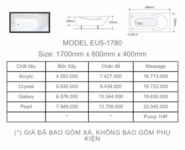 BỒN TẮM DÀI 2 YẾM EUROCA  - MODEL EU5 - 1780 - BẢO HÀNH 3 NĂM