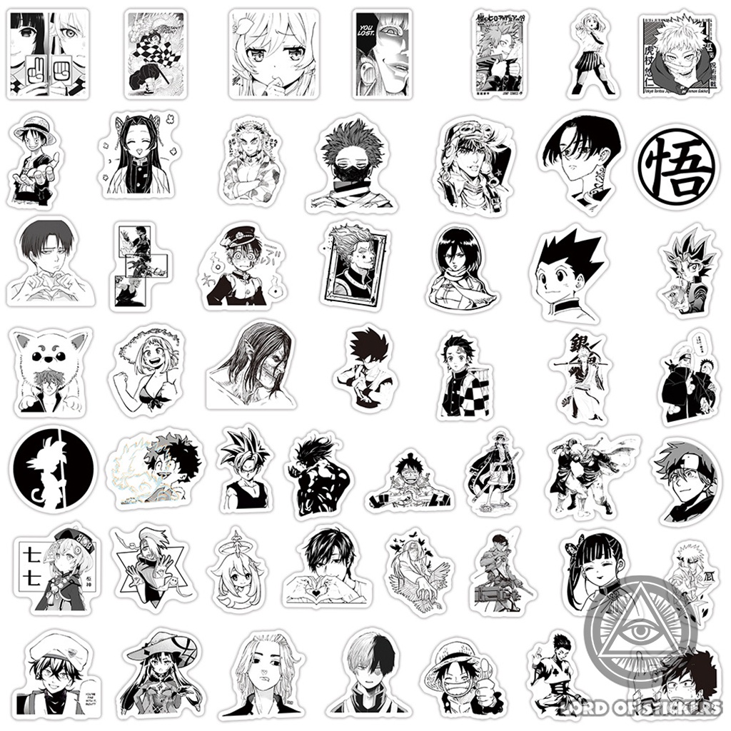 Set 100 Hình Dán Nhân Vật Truyện Tranh Anime Manga Sticker Đen Trắng Chống Thấm Nước Trắng Trang Trí Mũ Bảo Hiểm, Laptop
