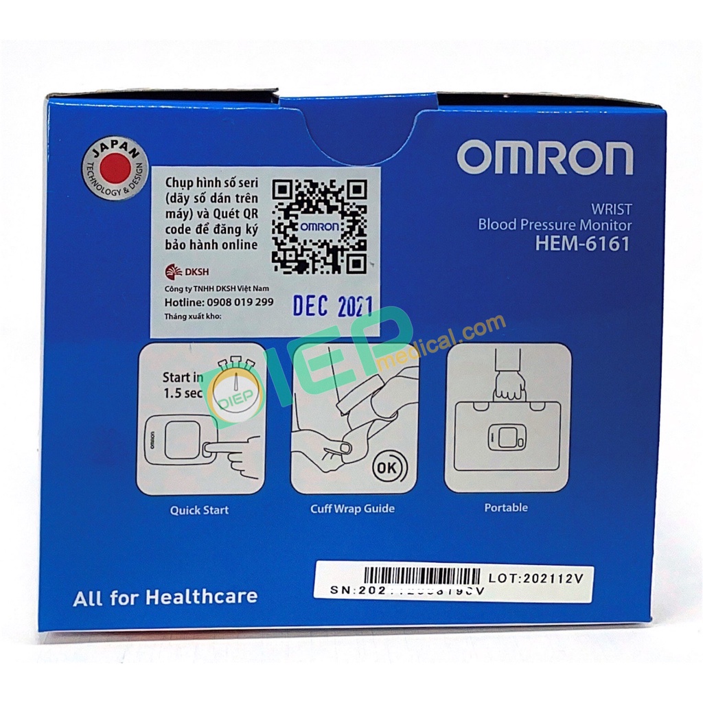 ✅ OMRON HEM-6161 - Máy đo huyết áp cổ tay tự động Omron HEM 6161, cảnh báo loạn nhịp tim (Chính hãng Omron - Nhật Bản)