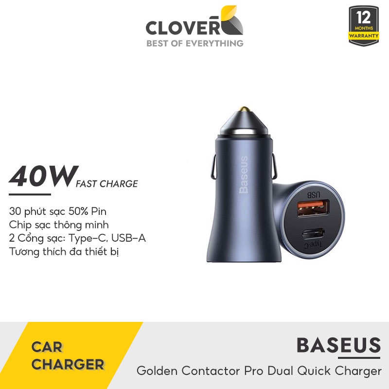Tẩu Sạc Ô Tô BASEUS Golden Contactor Pro Cloverb Sạc Nhanh PD 40W Tích Hợp Cổng USB Type-C Đèn Led Báo Trạng Thái Sạc