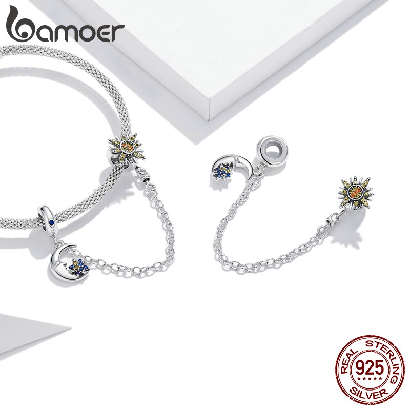 Hạt Trang Sức Bamoer SCC1763 Bằng Bạc S925 Hình Mặt Trăng Và Mặt Trời Có Dây Nối Dùng Làm Vòng Đeo Tay DIY