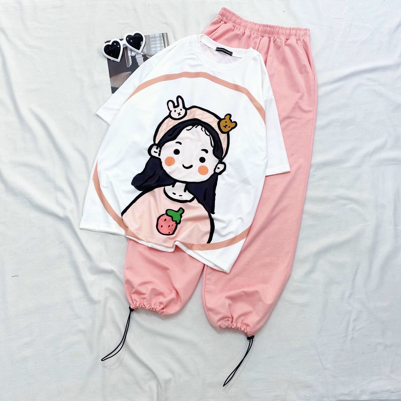 Đồ bộ hoạt hình quần Jogger trơn rút GIRL DÂU Freesize dành cho nam nữ Molly Fashion