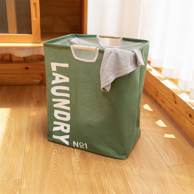 Giỏ Đựng Quần Áo Dơ In Chữ Bằng Vải Chống Nước Với Tay Cầm Bằng Gỗ