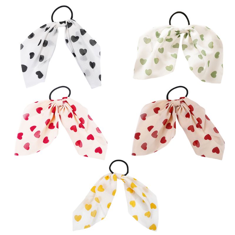 Dây buộc tóc co giãn phối ruy băng voan in họa tiết trái tim phong cách thời trang