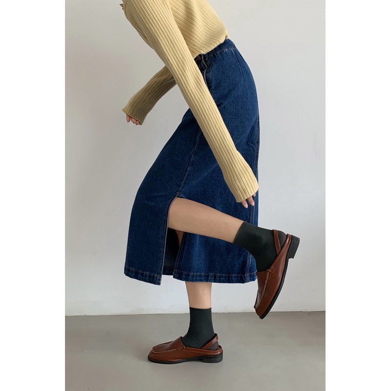 Châváy jean dáng chữ A dài lưng cao xẻ tà dành cho nữ