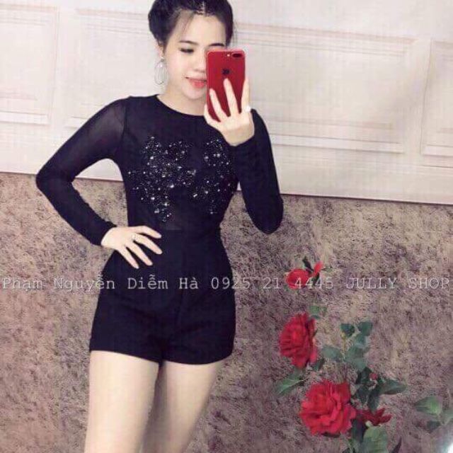 Jump ngắn phối lưới tay dài kết kim sa