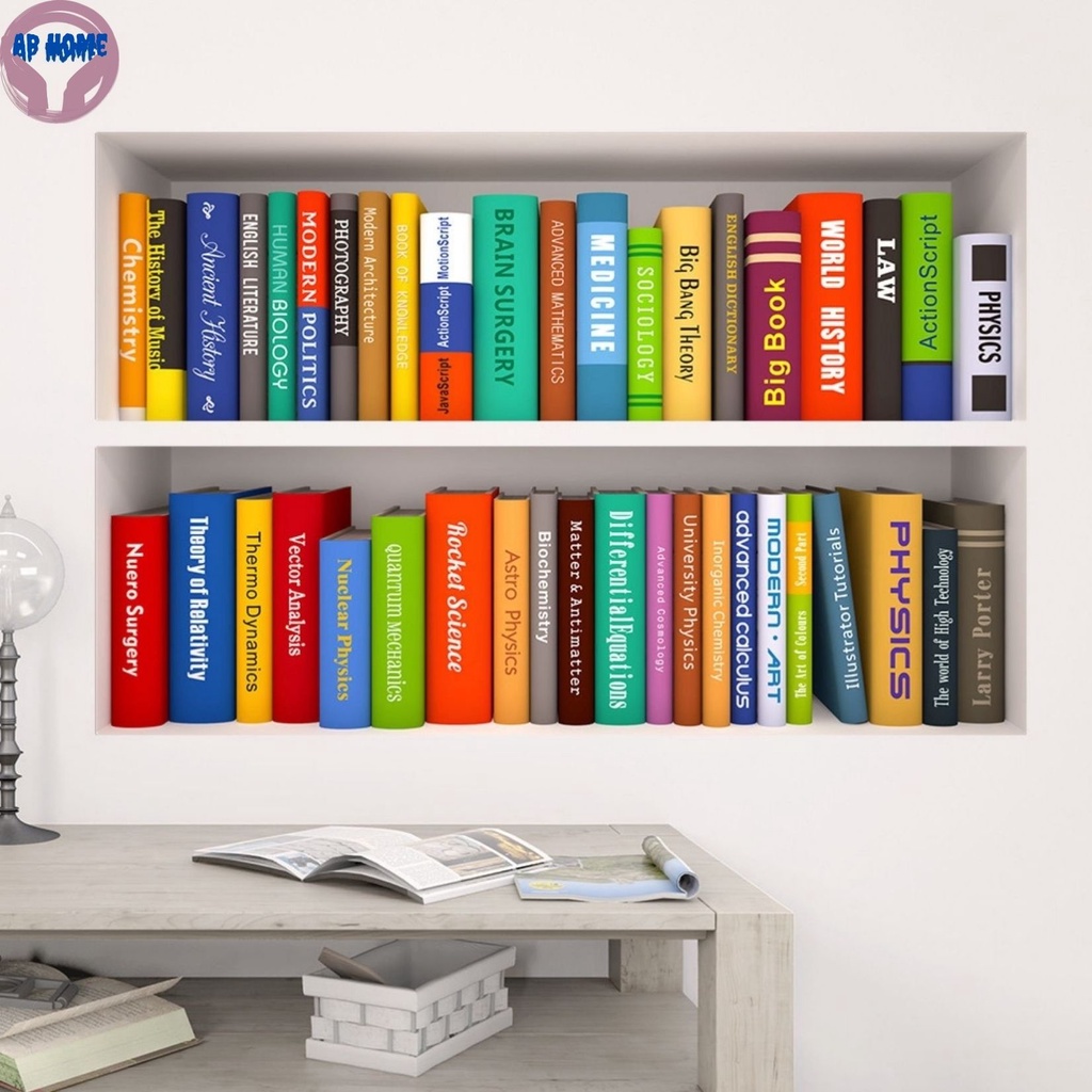 Decal giá sách giả 3D tranh trang trí nhà thư viện phòng học decor chụp ảnh