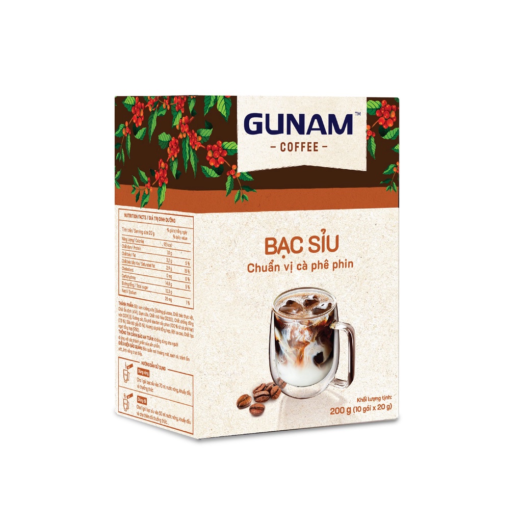 Combo 2 hộp cà phê hòa tan GUNAM bạc sỉu thơm béo (hộp 10 gói x 20g)