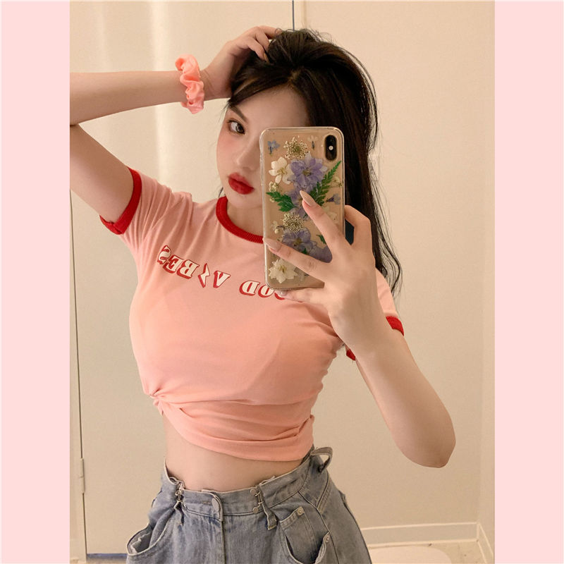 Áo thun tay ngắn ôm dáng màu hồng đào dáng ngắn hở mới thời trang dành cho nữ