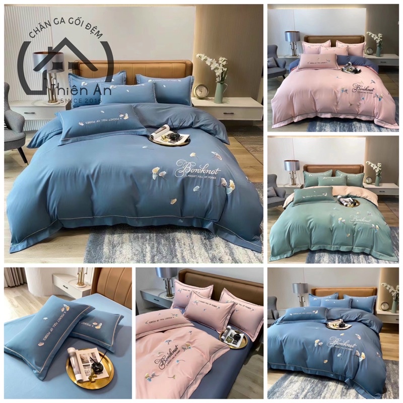 Bộ Chăn Ga Gối Cotton Line Thêu Hoa Rẻ Quạt full 3 màu Loại 1