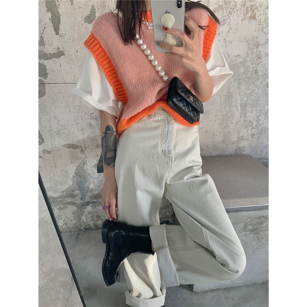 Áo len không tay cổ chữ V màu sắc tương phản thời trang | BigBuy360 - bigbuy360.vn