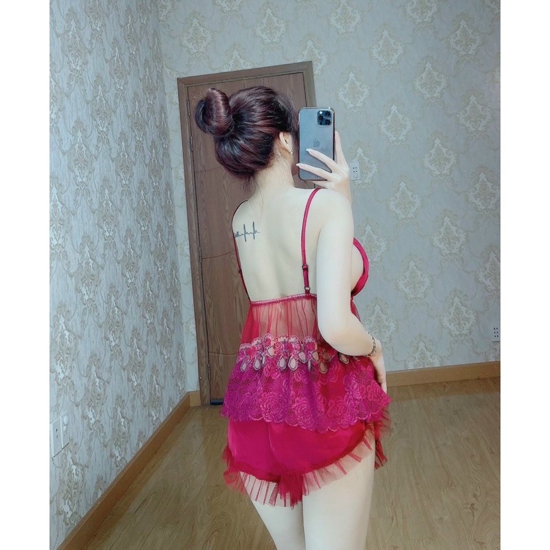 Đồ ngủ sexy nữ - Đồ ngủ sexy nữ phối ren có mút gợi cảm Freesize dưới 60kg