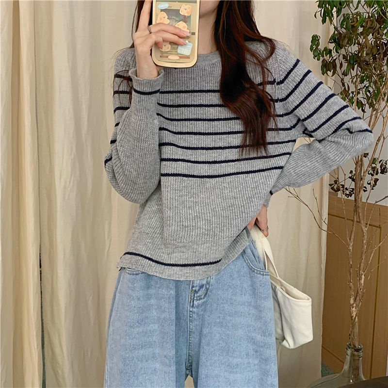 Áo Len Dài Tay Dáng Rộng Họa Tiết Kẻ Sọc Phong Cách Lười Biếng Mới