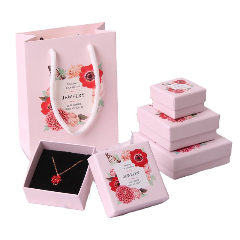 Flower Design Jewelry Box Inside Sponge Pink Gift Bag Paper Box Earrings Storage Necklace Case