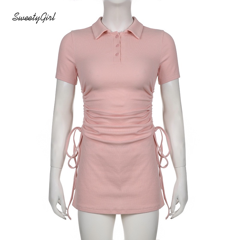 Đầm Mini Cổ Bẻ Tay Ngắn Cài Nút Màu Trơn 2022 Cho Nữ