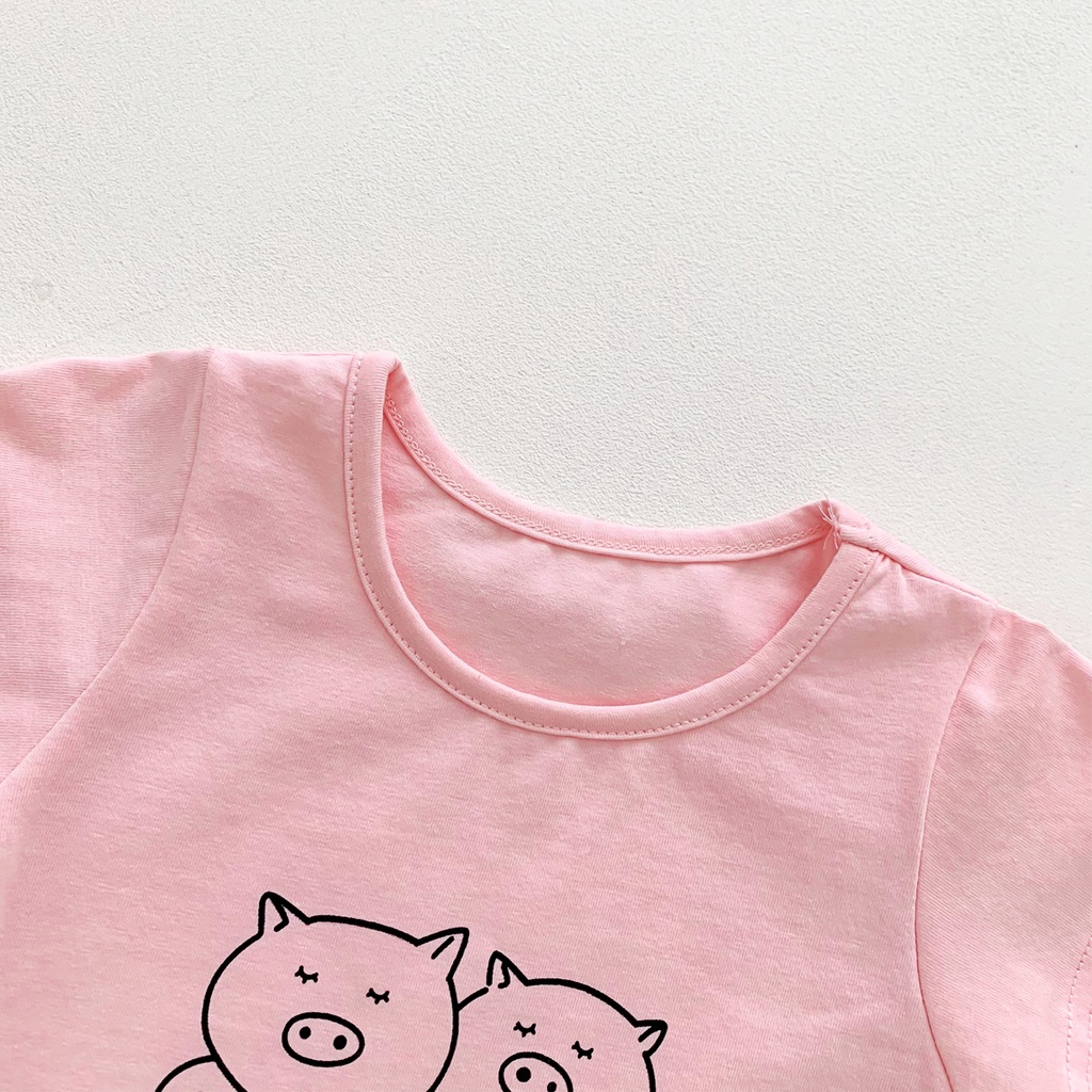 Bộ Áo Liền Quần Ngắn Tay In Hình Chú Heo Đội Mũ Màu Hồng Dễ Thương Thời Trang Mùa Hè 2022