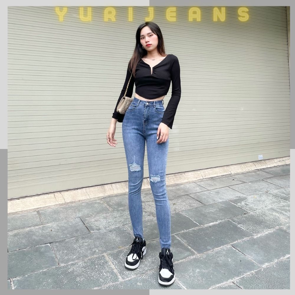 [Hinh Thật Shop chụp] Quần Jeans Skinny Rách  Kiểu Lưng Cao Tôn Dáng Shop YuRi Jeans