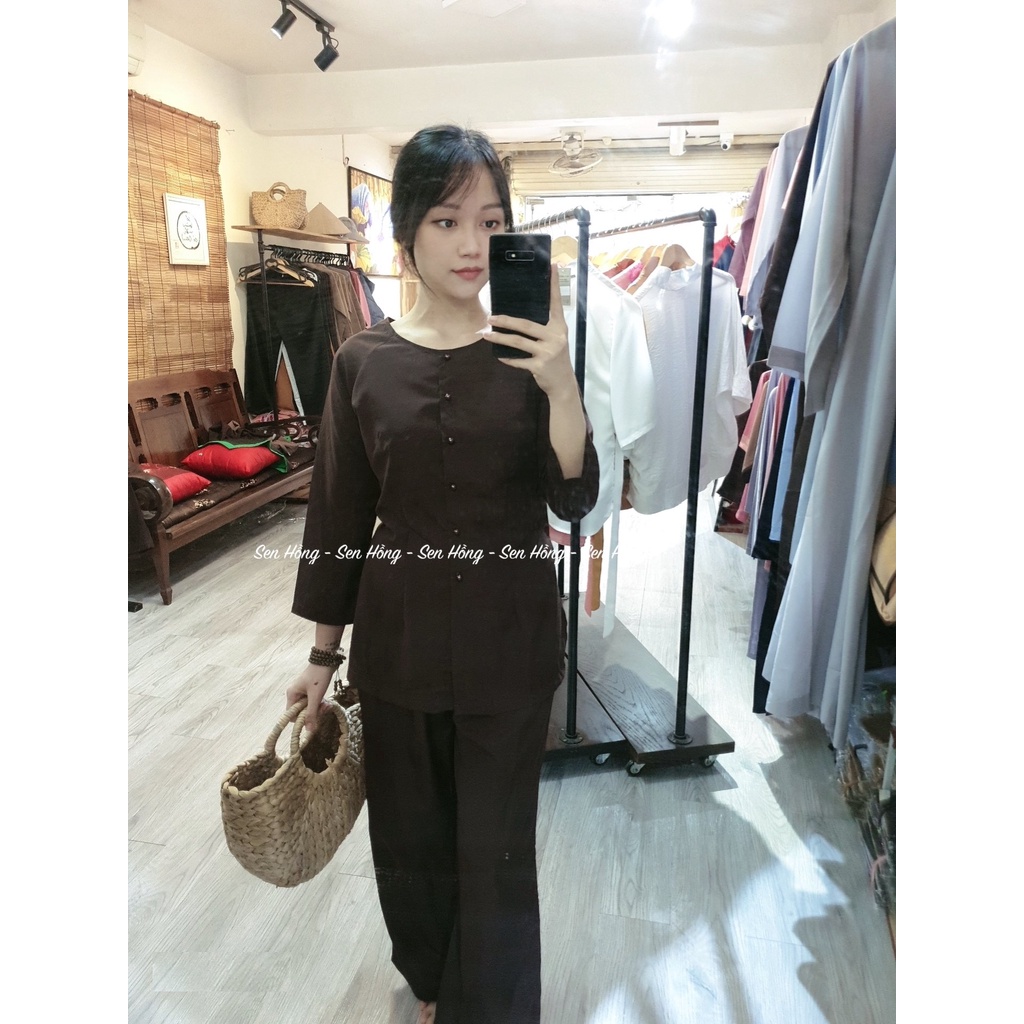 ️ BỘ đồ đi lễ   # áo bà ba nâu # set trang phục truyền thống # áo lam đi chùa đi chơi -  PHÁP PHỤC SEN HỒNG B15 Nâu