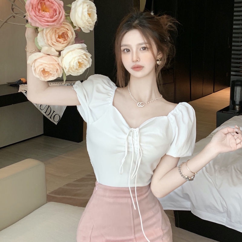 Áo Crop Top Tay Phồng Ngắn Cổ Vuông Dáng Ôm Thời Trang Mùa Hè Mới Cho Nữ