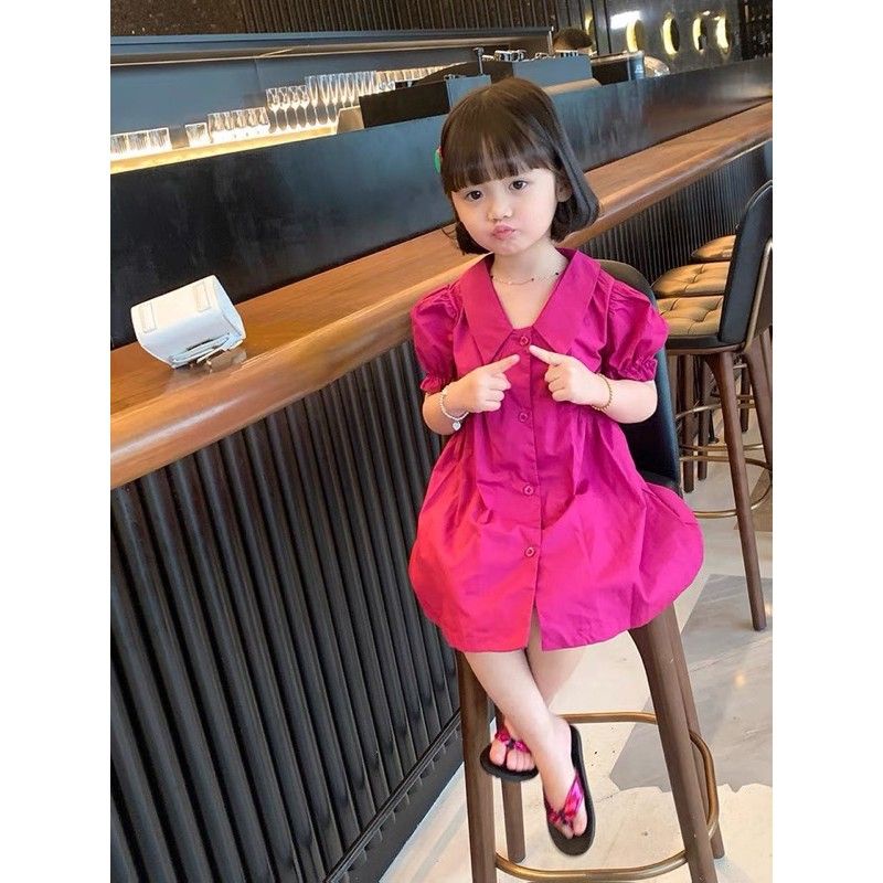 Váy đầm sơ mi dáng dài măng tô màu hồng cánh sen siêu xinh cho bé gái từ 1 tới 10 tuổi