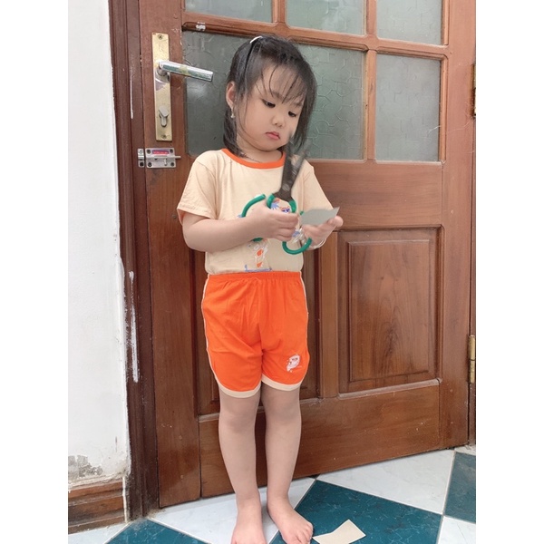 Bộ quần áo cộc tay chui cổ mùa hè vải thun lạnh Unchi phối viền màu bé trai bé gái 6-16kg