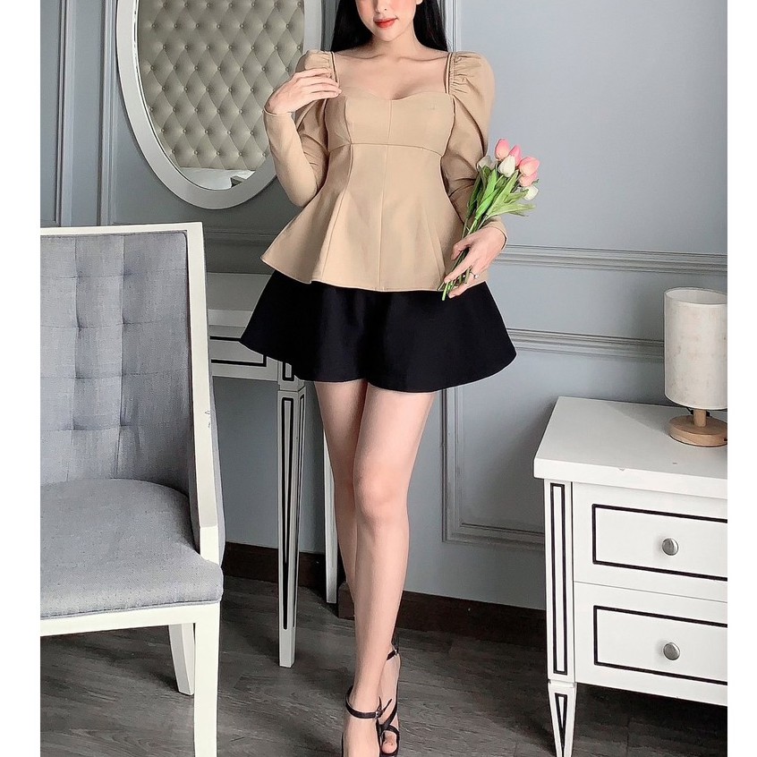 RECHIC Áo Ravi Màu Be cổ vuông kiểu dây tay phồng xinh xắn sang trọng dễ thương