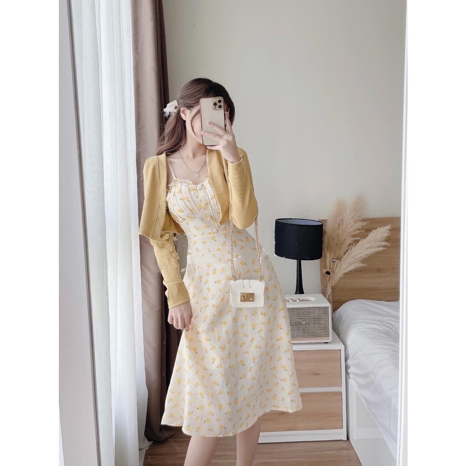 Đầm Hai Dây Hoa Kết Hợp Áo Khoác Cadigan Len Xốp Cùng Màu HT22 HaLuu Store Thích Hợp Cho Nữ Phong Cách Hàn Quốc