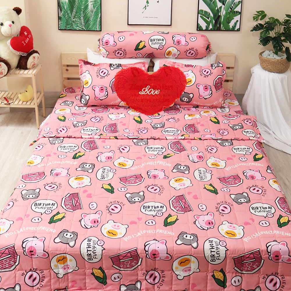 Sét 5 Món Chăn Hè Cotton Poly Mẫu Heo Hồng - (1ga, 1 chăn hè, 2 vỏ gối nằm, 1 vỏ gối ôm) Kích thước M2/M6/M8/2M2