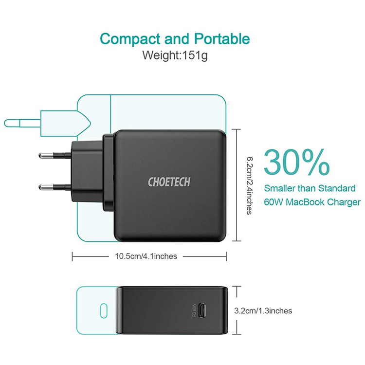 Cốc Sạc CHOETECH USB-C PD 60W Cắm Tường Cho MacBook Pro/Air/iPad/iPhone