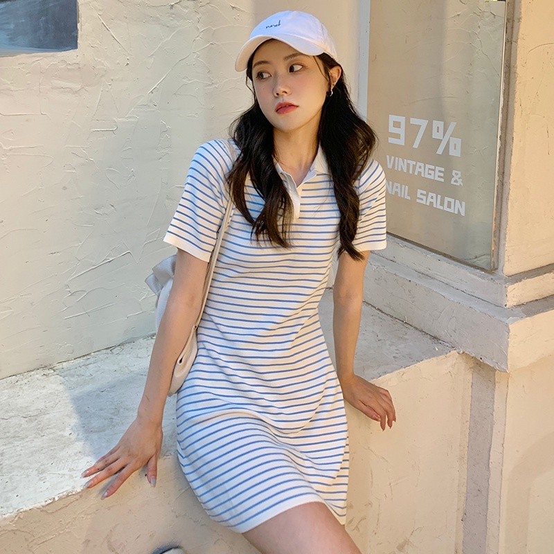SUXI Đầm Dệt Kim Tay Ngắn Cổ Polo Dáng Ôm Họa Tiết Kẻ Sọc Phong Cách Pháp Thời Trang Cho Nữ
