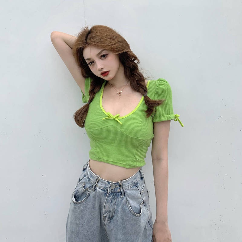 Áo Thun Tay Ngắn Phối Nơ Thiết Kế Dễ Thương Dễ Phối Đồ Thời Trang Mùa Hè Cho Nữ