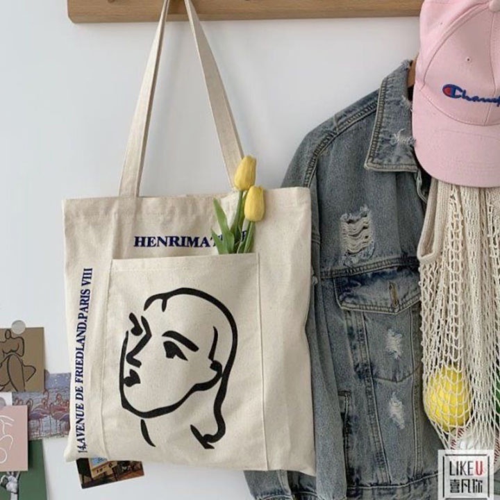 Túi tote vải canvas có khóa phong cách Hàn Quốc