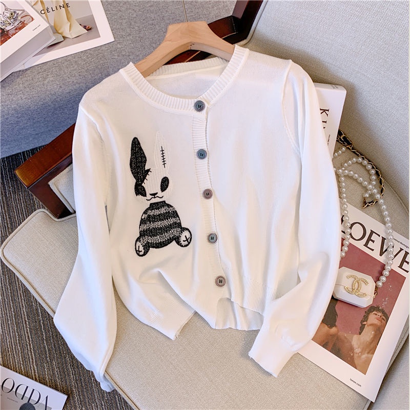 Áo Cardigan Dệt Kim Mỏng Tay Dài Kẻ Sọc Thêu Hình Thỏ Đơn Giản Sang Trọng Hàng Mới