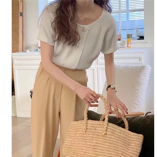 Áo Dệt Kim Tay Ngắn Cổ Tròn Hàng Nút Đôi Phong Cách Mùa Xuân Nhẹ Nhàng Kiểu Mới 49407