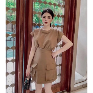 Đầm Kaki Túi Hộp Nâu Tây