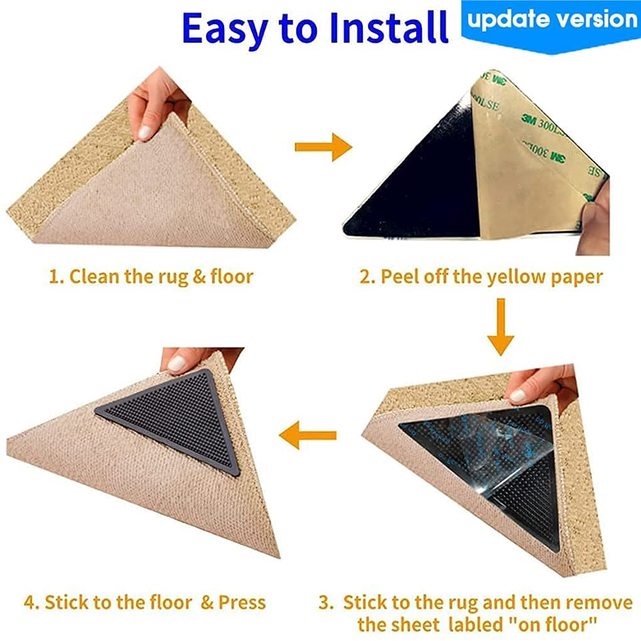 Sàn lát gạch 4PCS Tấm lót chống trượt Tay cầm Sàn gỗ cứng Khu vực Tấm thảm Băng keo có thể tháo rời Miếng dán silicon có thể tháo rời Thảm trải sàn có thể giặt được