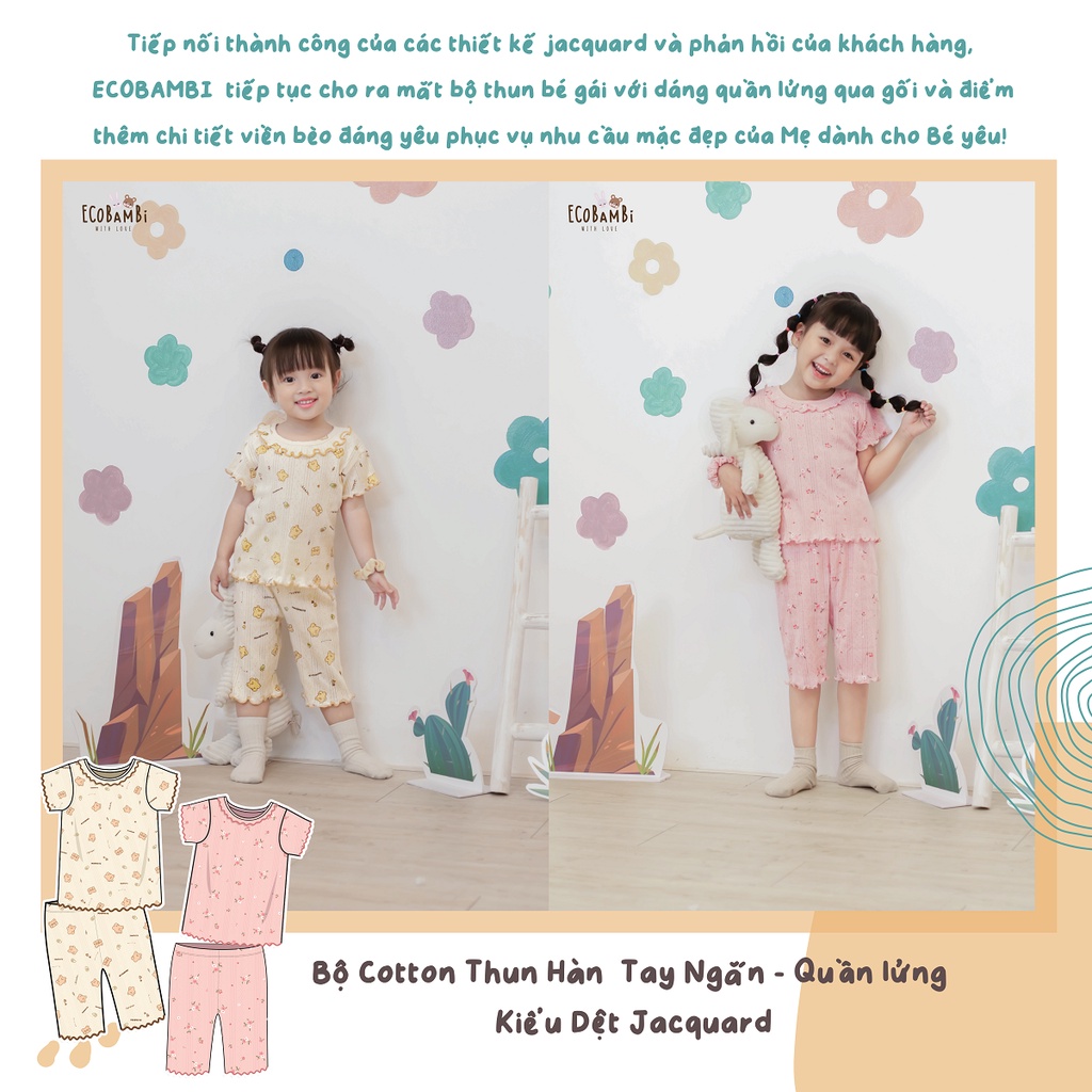 Bộ cotton thun Hàn bé gái tay ngắn, QUẦN LỬNG kiểu dệt jacquard hoa nhí Ecobambi