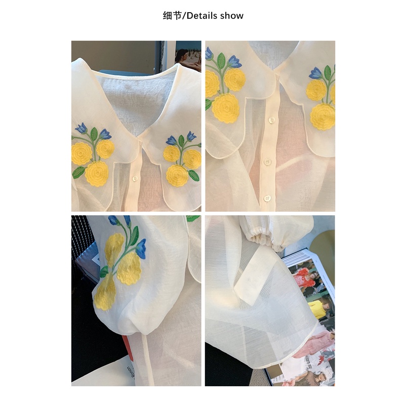 Áo Kiểu Tay Phồng Ngắn Cổ Búp Bê Thêu Họa Tiết Ngọt Ngào Phong Cách Pháp Thời Trang Cho Nữ