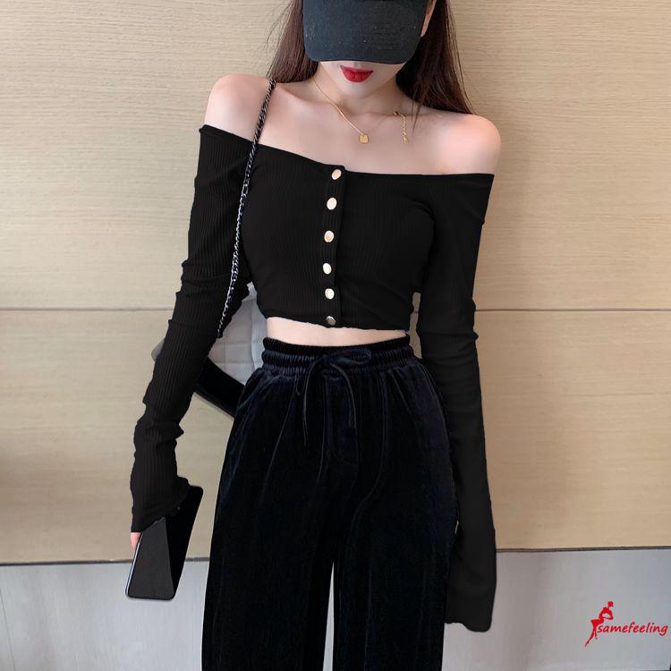 Áo Croptop Tay Dài Trễ Vai Phối Nút Gợi Cảm Cho Nữ