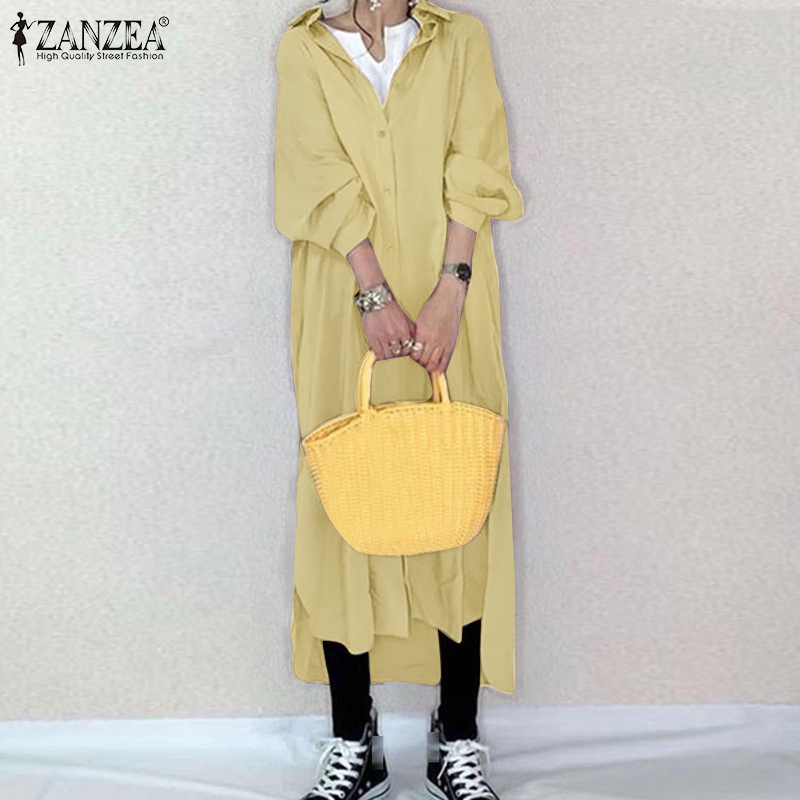 Đầm dài ZANZEA dáng rộng cổ bẻ tay dài thời trang cho nữ