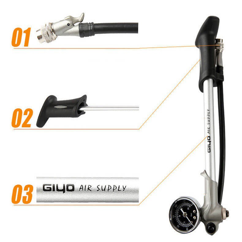 Bơm xe đạp giảm sóc GYIO GS-02 chất liệu hợp kim nhôm.
