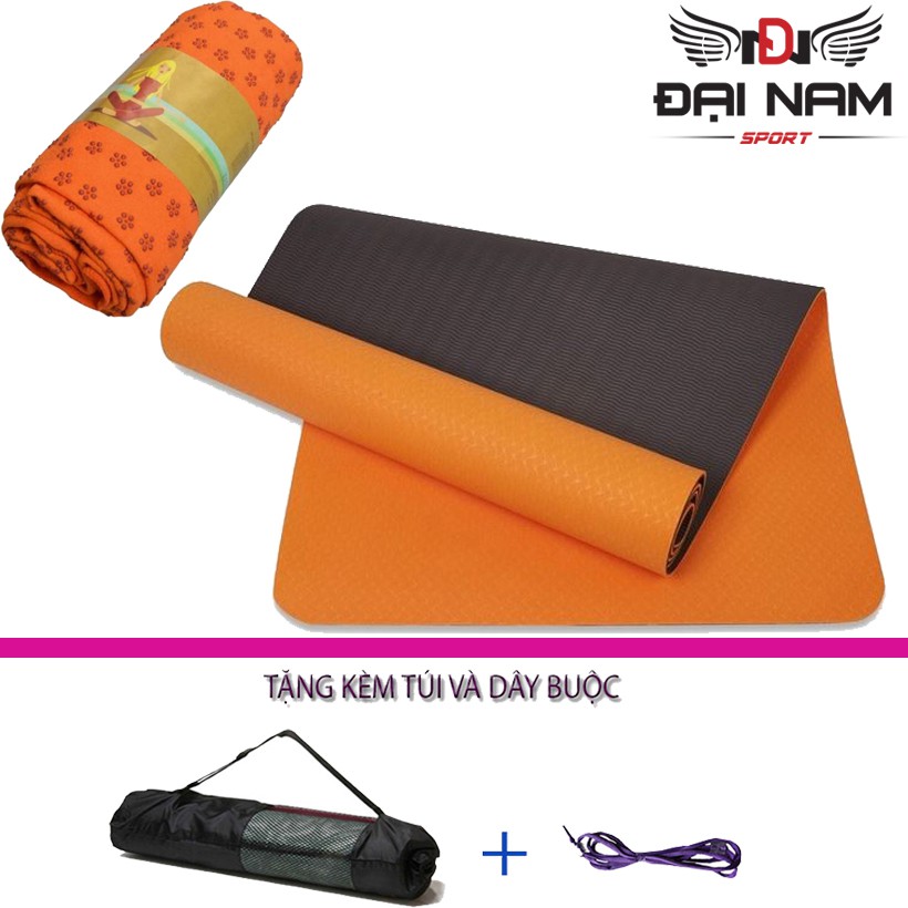 Combo Thảm Tập Yoga TPE 6mm 2 Lớp + Khăn Trải Thảm Chống Thấm,Chống Trơn Trượt Đại Nam Sport