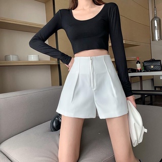 Quần sooc đùi khoá trước ly bụng cạp cao