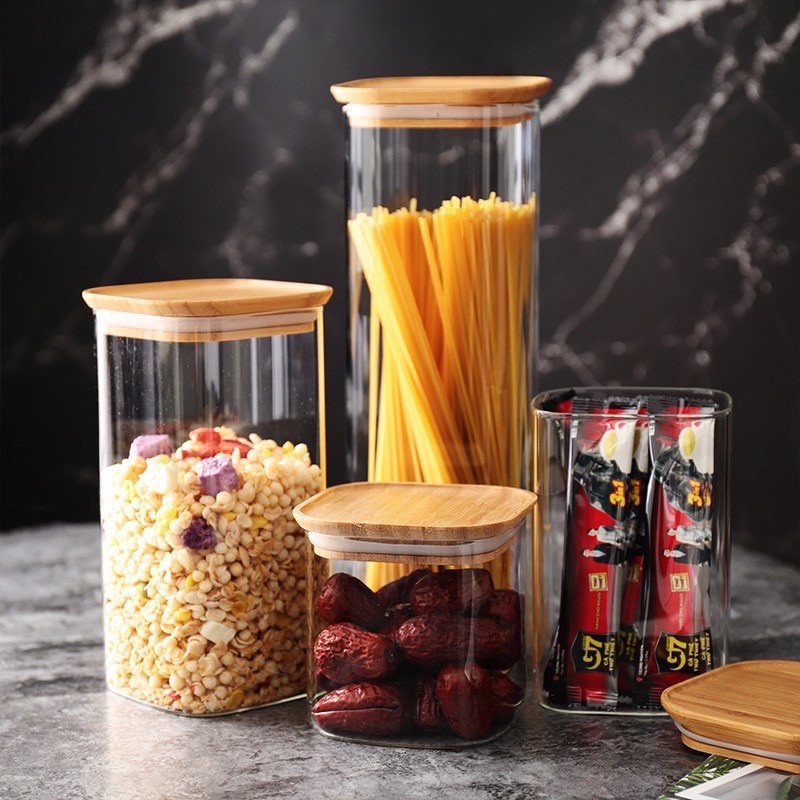 Lọ thuỷ tinh, Hũ thuỷ tinh Borosilicate nắp gỗ vuông các cỡ