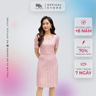 Váy Thiết Kế Công Sở NK FASHION Kẻ Sọc Dáng Chữ A Tay Bồng Kèm Túi Chéo, Chất Liệu Lụa Hàn Cao Cấp NKDV2103010