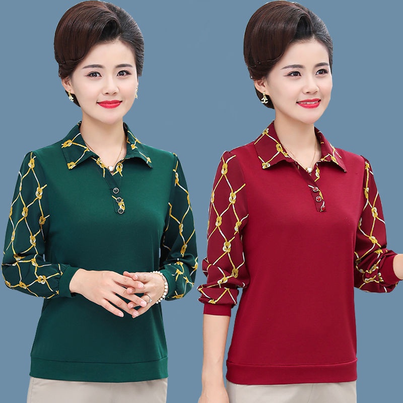 ❅✕◇Mẹ mới mùa xuân và thu hè áo phông dài tay màu đỏ phụ nữ trung niên người già rộng rãi kích thước lớn dưới cùng sơ mi