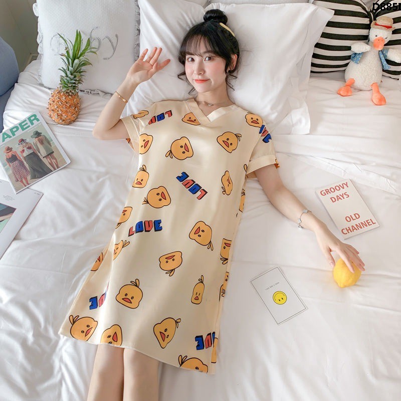 Đầm Ngủ Dáng Rộng Vải Lụa Lạnh Cỡ Lớn Kiểu Hàn Quốc Dễ Thương Cho Nữ
