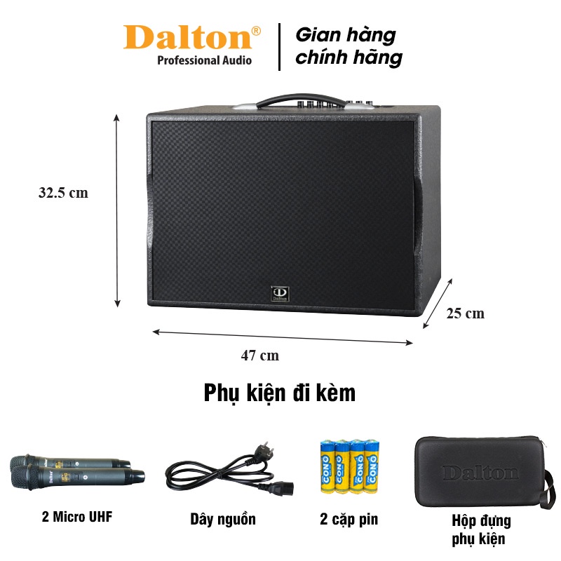Loa kéo mini di động Dalton PS-K10A Công suất: 300W, bass: 10 inch  kem 2 micro không dây sóng UHF-BH 12 tháng